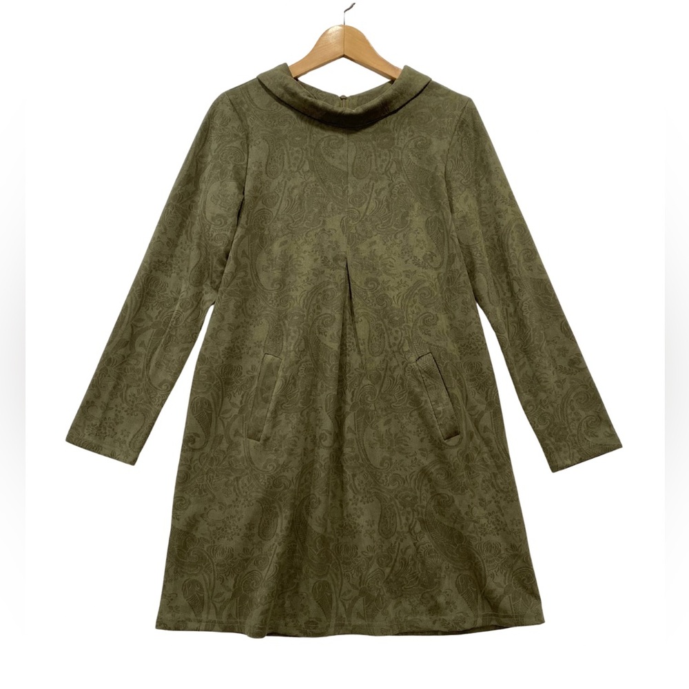 NWT Ethyl Olive Green Faux Suede Long Sleeve Dress Floral Paisley Size S